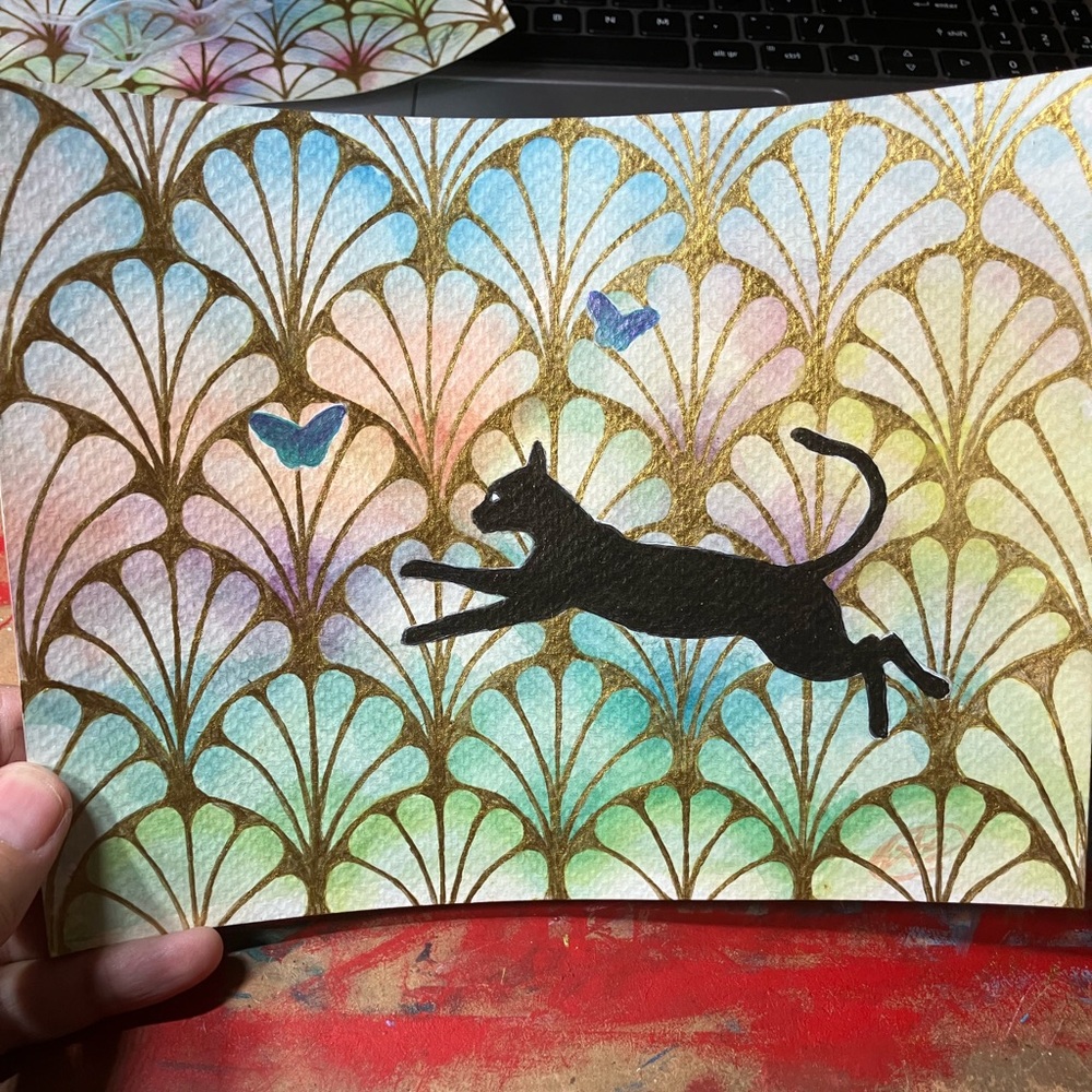 Original cat painting butterflies art nouveau hold accent decor Artettina USA - Picture 4 of 8
